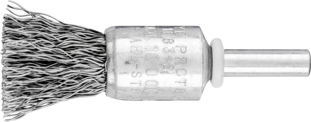 Metal brush attachment with bristles and a cylindrical shaft, suitable for cleaning or grinding work on machines.