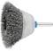 Wire brush attachment with metal bristles and blue ring, used for cleaning and deburring surfaces.