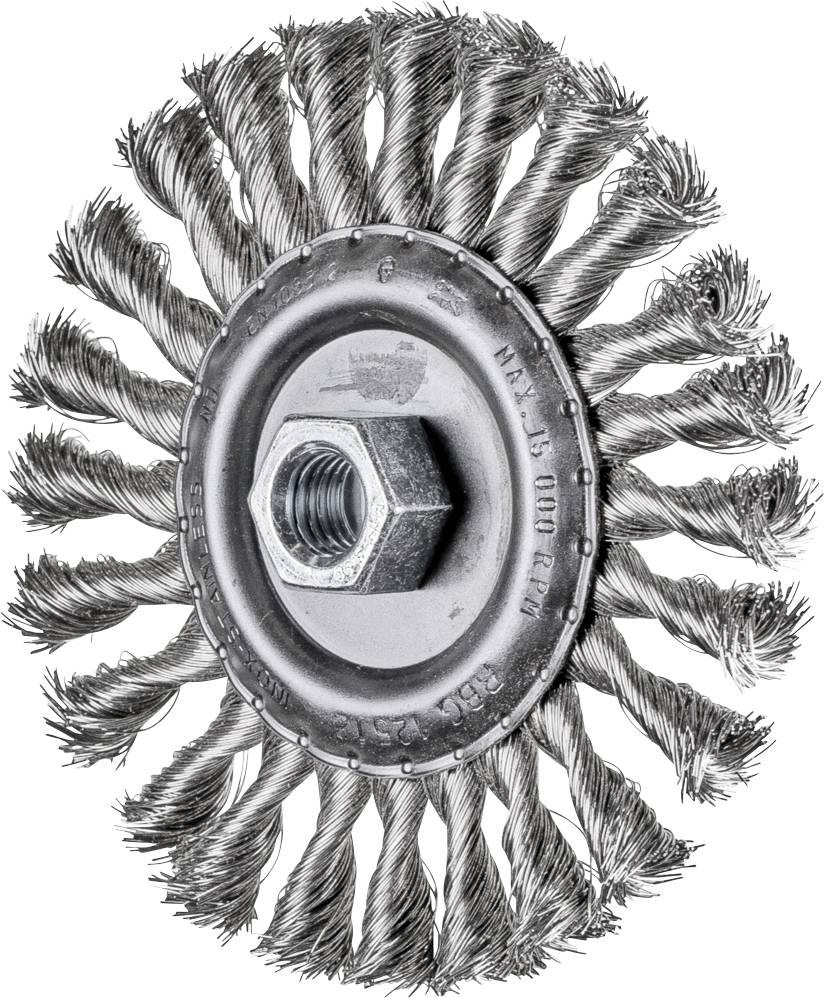 Wire brush attachment with twisted bristles and central hexagonal nut. Used for grinding or cleaning work.