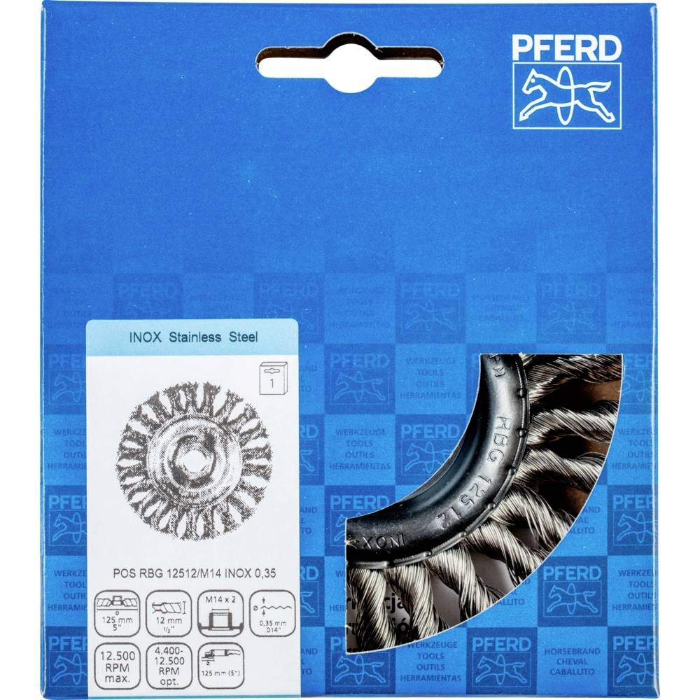 A PFERD stainless steel brush attachment in a blue packaging. Suitable for metalworking, with technical details printed on it.