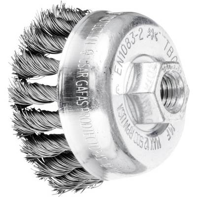 Metal brush attachment with braided steel bristles and central fixing screw. Suitable for removing rust or paint.