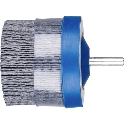 Round wire brush with blue plastic elements and metal handle for attachment to tools, for cleaning or deburring.