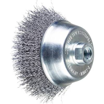A round wire brush with metal bristles and fixing thread. It is used for cleaning and removing rust.