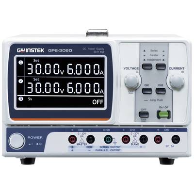 Laboratory power supply with two channels, displaying voltage and current. Displays: '30.00V', '6.000A', with a button for switching on/off.