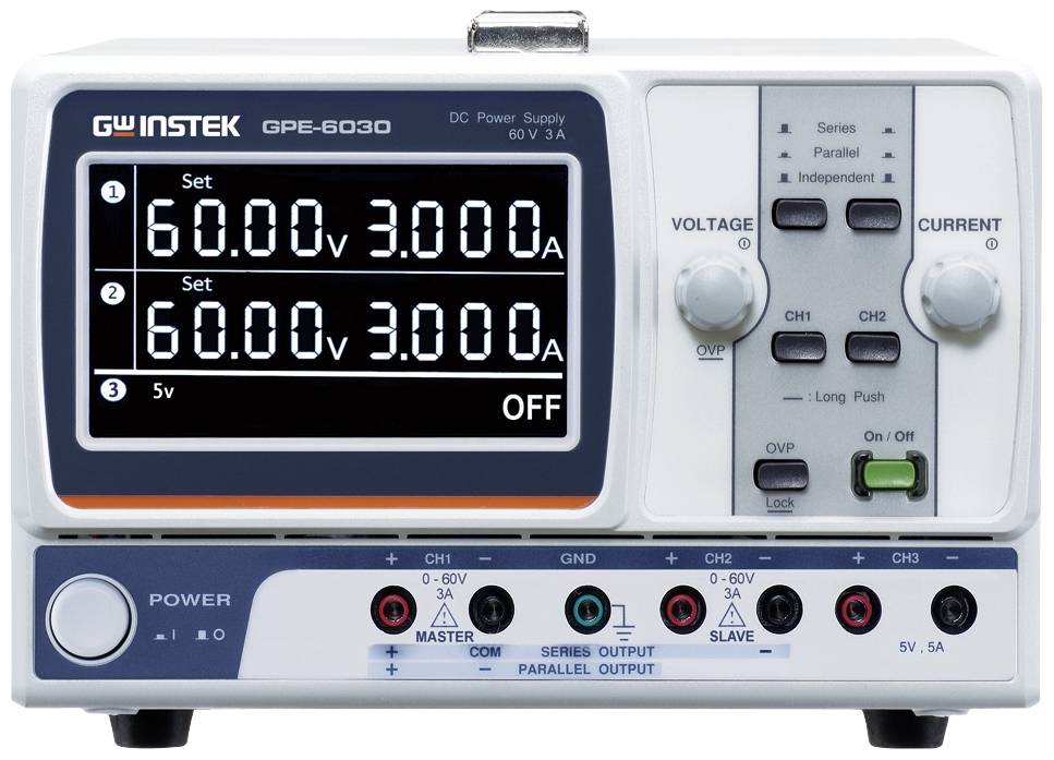 An electronic direct current power supply with a digital display showing '60.00V, 3.000A' and various control elements.