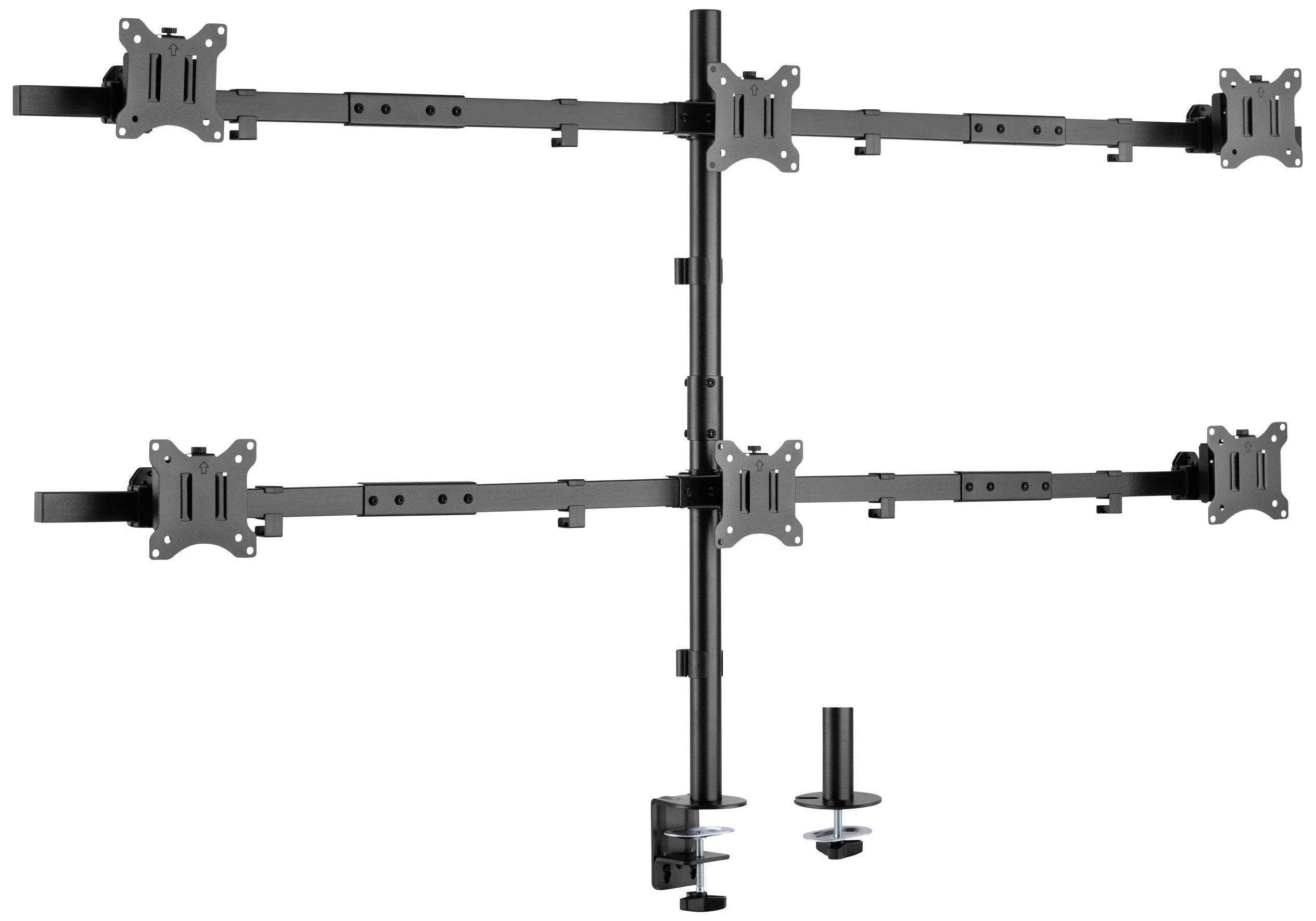 A black, adjustable monitor mount for up to six monitors, designed to be fixed to a desk. Ideal for multi-monitor workspaces.