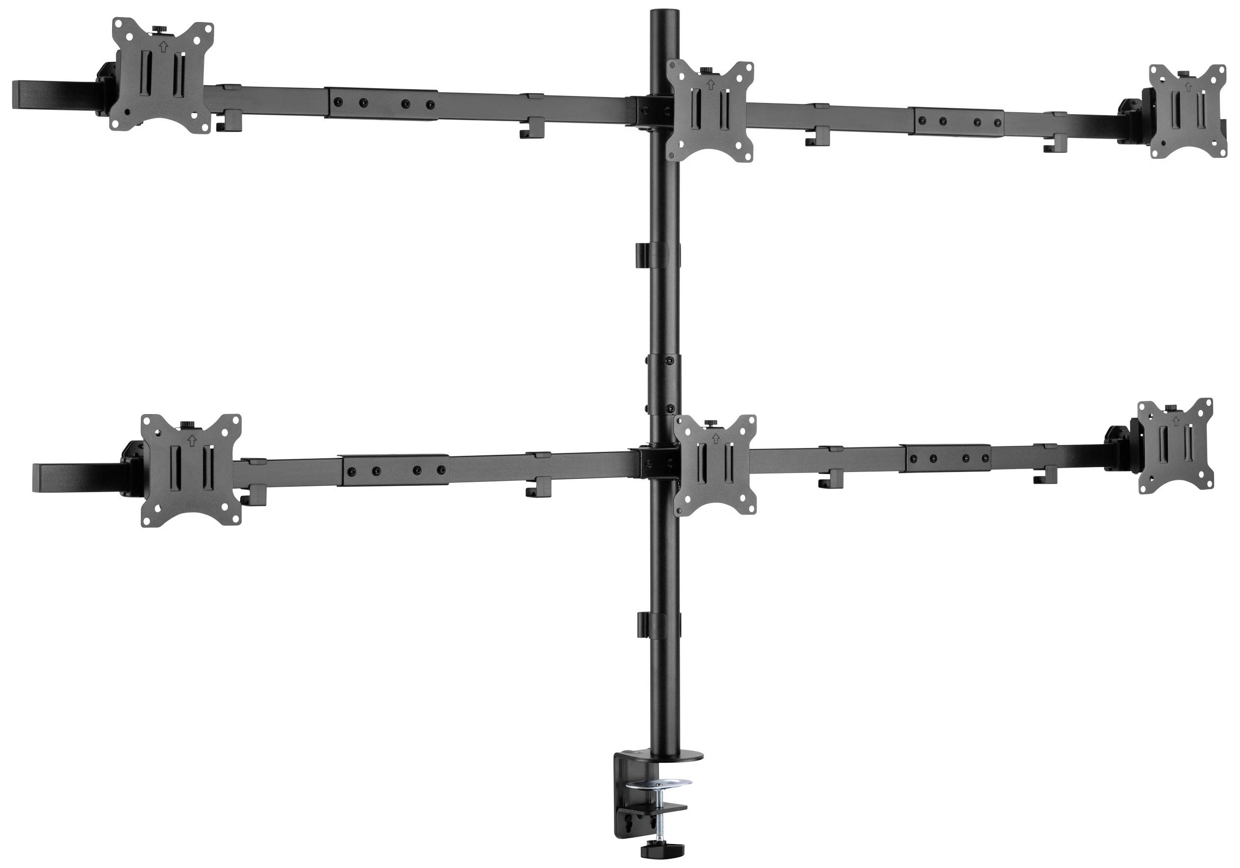 Six-monitor metal stand in black, suitable for mounting six screens in two rows, with screw clamp.