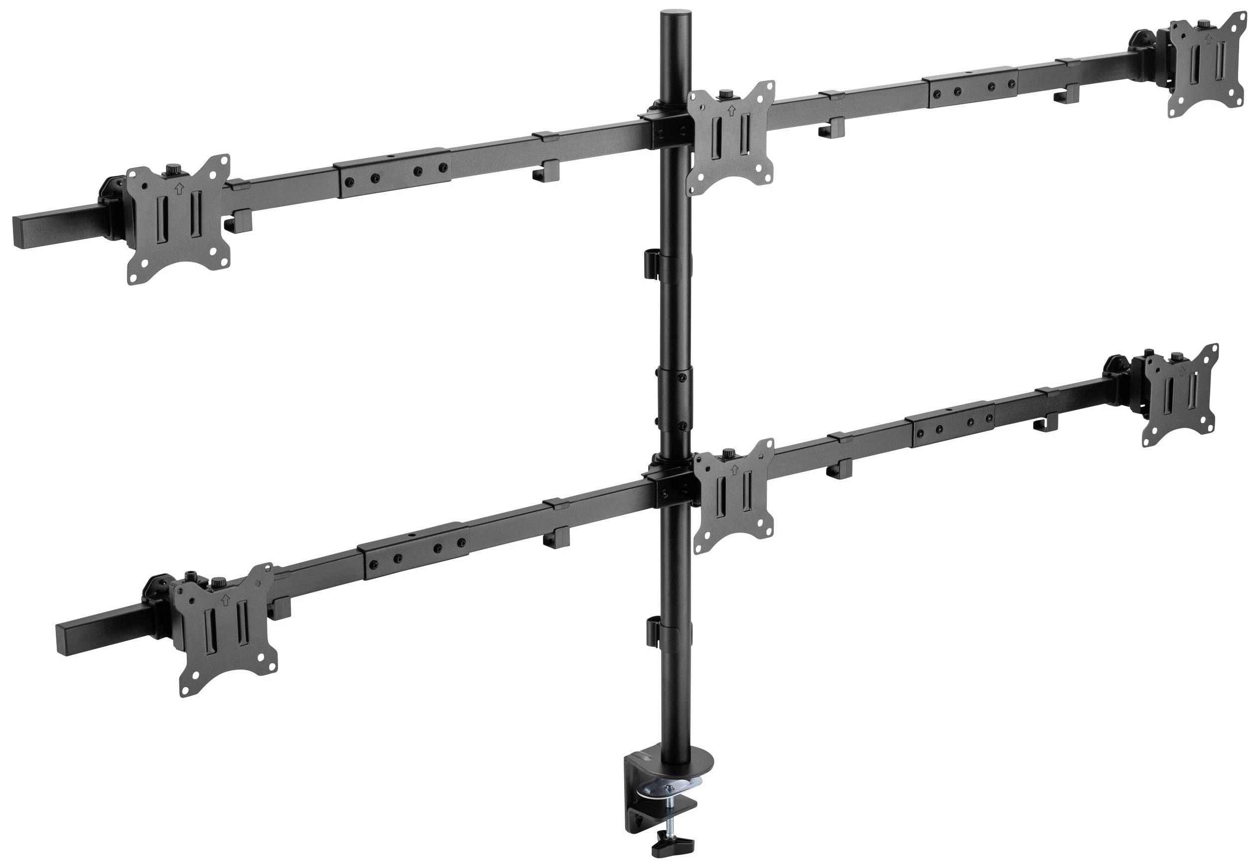 'Black monitor mount with two horizontal arms for multiple screens.'