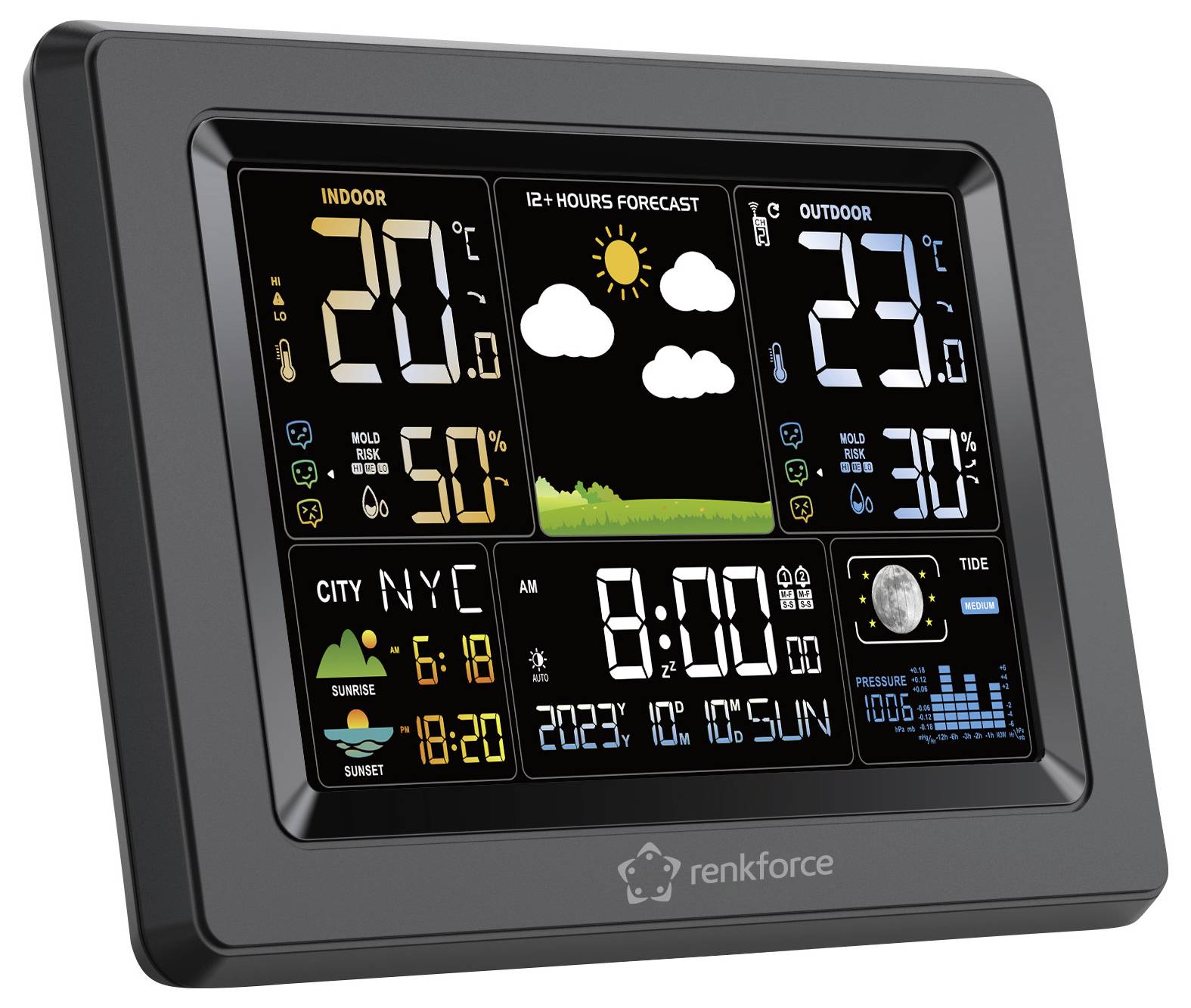 Digital weather display shows indoor temperature: 20°C, outdoor temperature: 25°C, humidity, weather forecast with sun and clouds, time 8:00, city NYC, sunrise and sunset times, date 6th May.