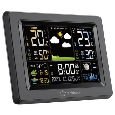 Digital weather display shows indoor temperature: 20°C, outdoor temperature: 25°C, humidity, weather forecast with sun and clouds, time 8:00, city NYC, sunrise and sunset times, date 6th May.