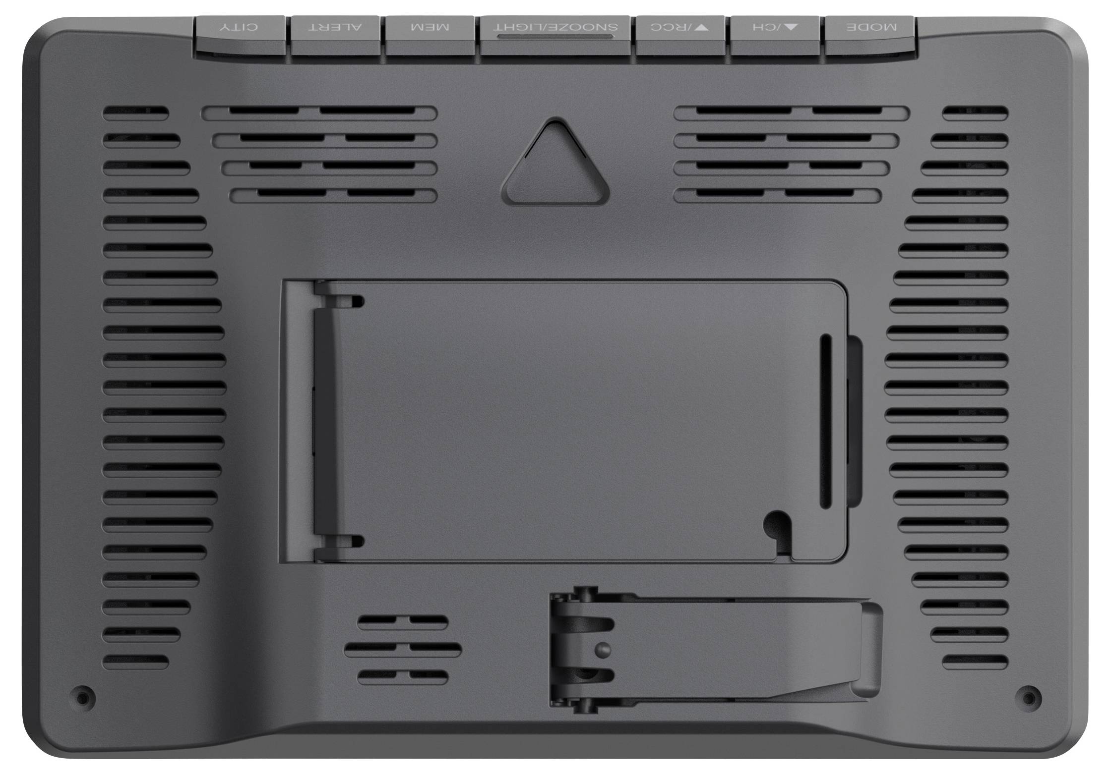 Back of an electronic device with multiple ventilation slots and ports. Includes mounting bracket and labels for connections.