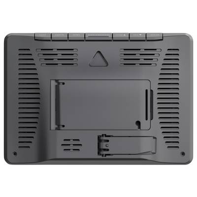 Back of an electronic device with multiple ventilation slots and ports. Includes mounting bracket and labels for connections.