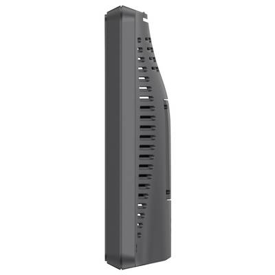 Grey, vertical object with narrow, regular openings along one side, resembling a modern radiator or ventilation element.