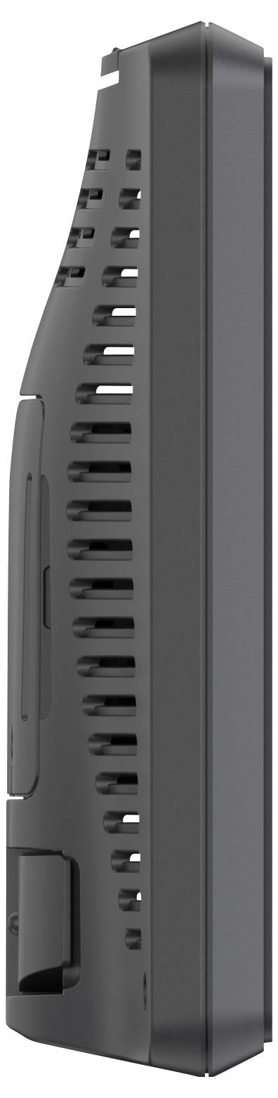 Sleek, black electronic device viewed from the side. It has ventilation slots and a slot for connections, possibly a gaming console system.