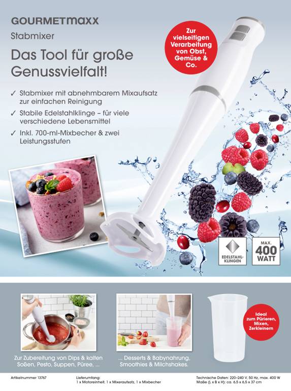 Hand blender with stainless steel blade, removable mixing attachment and 700ml measuring jug. Suitable for fruit, vegetables, hot and cold foods.