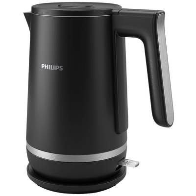 'Black kettle with handle and spout, situated on a round base.'