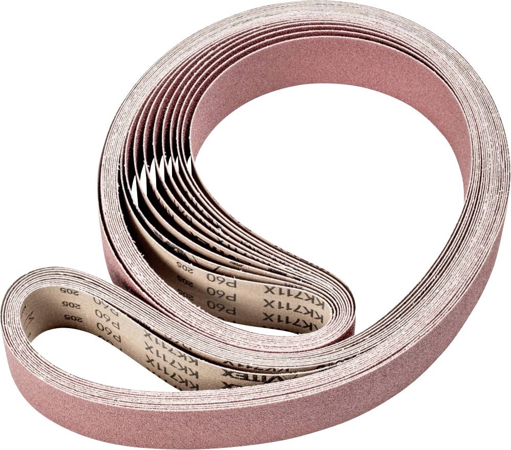 Sanding belt roll in a Z-shaped configuration with brown grit and a labelled backing. Used for surface grinding.