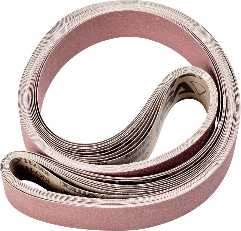 A coiled abrasive belt made of red sandpaper, used for sanding work on wood or metal.