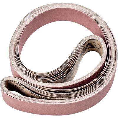 A coiled abrasive belt made of red sandpaper, used for sanding work on wood or metal.
