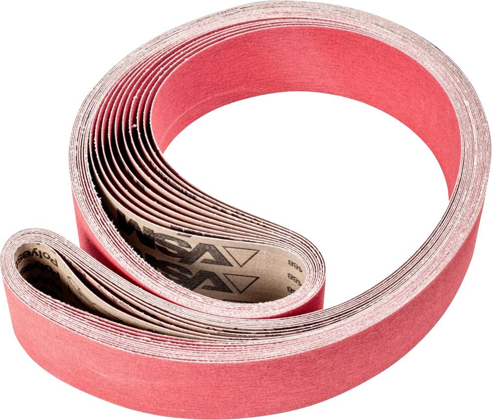 A russet-brown sanding belt, folded multiple times and rolled up, shows the surface structure. Suitable for grinding materials.