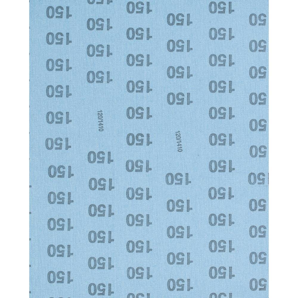 Blue sandpaper with repeated printing of the grit number '150', shows fine grain for smooth surface sanding.