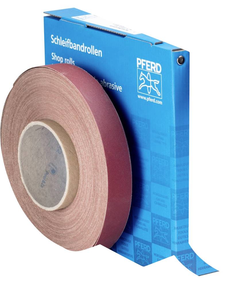 A sanding belt roll in red colour in front of a blue packaging with the inscription 'Sanding Belt Rolls' and a horse logo.