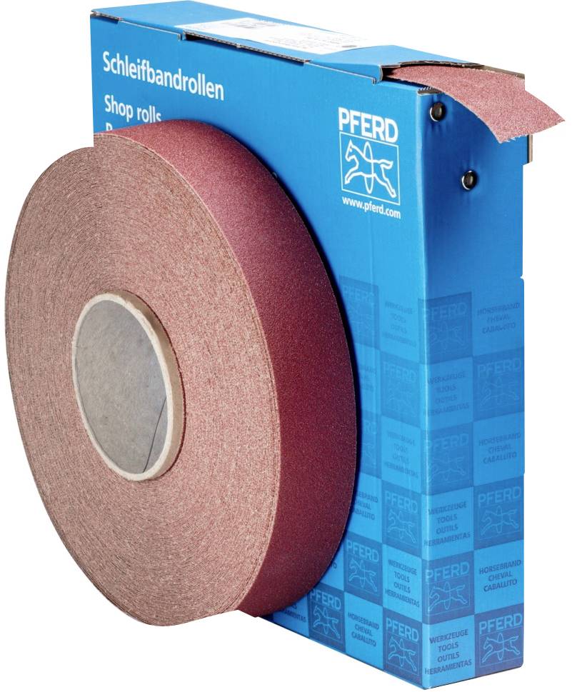 Brown abrasive sanding belt in a blue 'Pferd' brand packaging, partially pulled out, for surface treatment.