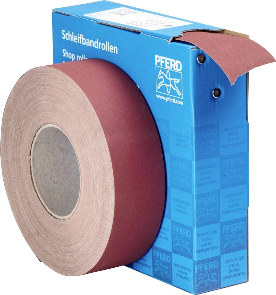 Large roll of sandpaper standing upright next to a blue packaging with white company logo and text reading 'Sanding Bands'.