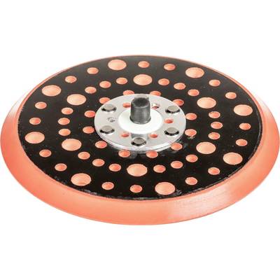 Black sandpaper with numerous holes, bordered in orange, on a sanding machine, used for surface treatment.