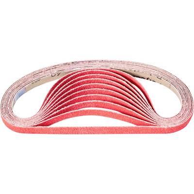 A bundle of red sandpaper sheets, fanned out and slightly curved, lies on a white background.