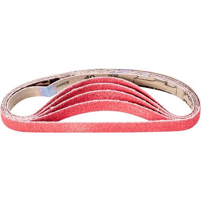 Red sanding belt for belt sanders, shown folded in multiple layers. Suitable for wood and metal processing.