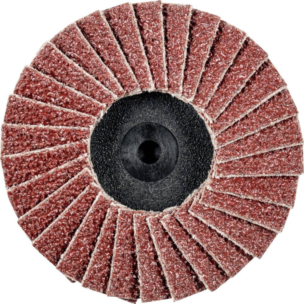 Grinding wheel with radial red abrasive leaves and a black centre, used for smoothing and removing material.