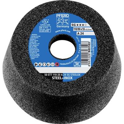 Grinding tool with blue label. Labelling: 'PFERD Germany', 'SG Steelox', 'STEEL+INOX', along with technical specifications.