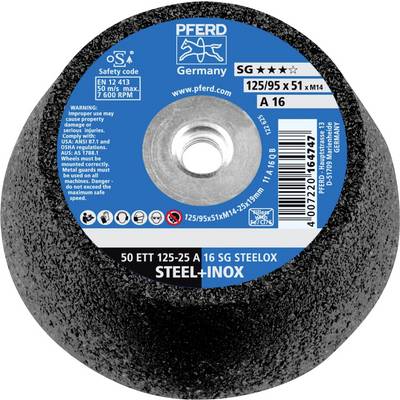 PFERD grinding wheel, Model SG A 16, suitable for steel and stainless steel, maximum speed 6,600 rpm, diameter 125/95 x 51 mm.