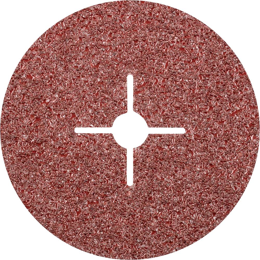 A red grinding disc with texture and a central cross slot for attachment to a grinding machine.