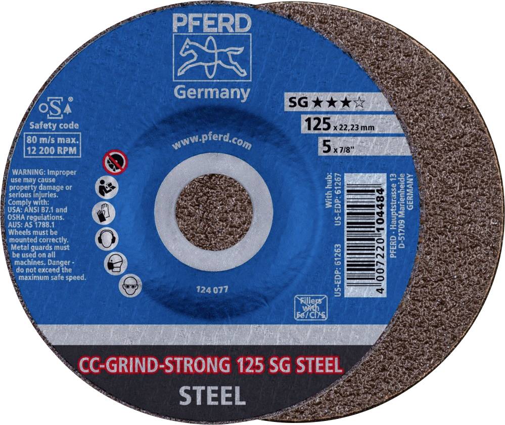 'Pferd' brand grinding disc for steel, diameter 125 mm, maximum peripheral speed 80 m/s, 12,200 rpm. Safety instructions included.