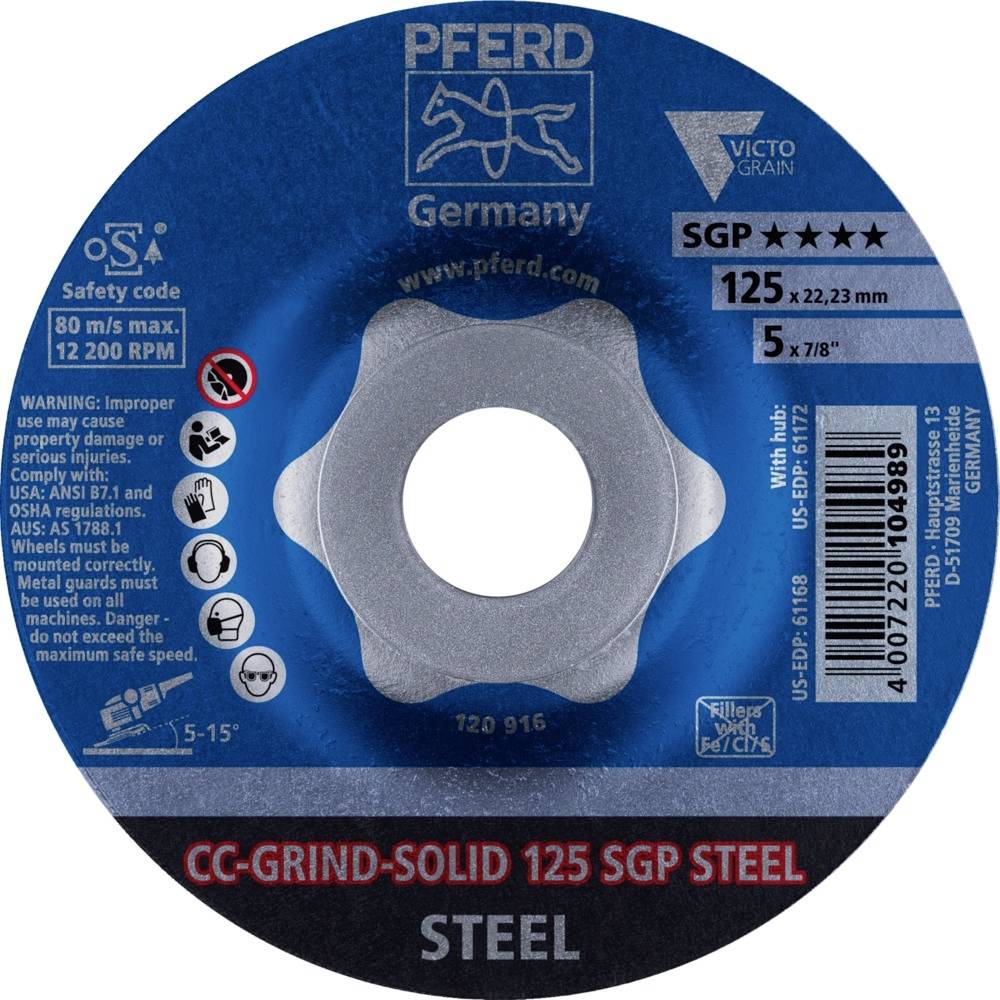 Grinding Disc 'PFERD Germany', 125mm diameter, for steel. Maximum speed 12,200 rpm, safety code present.