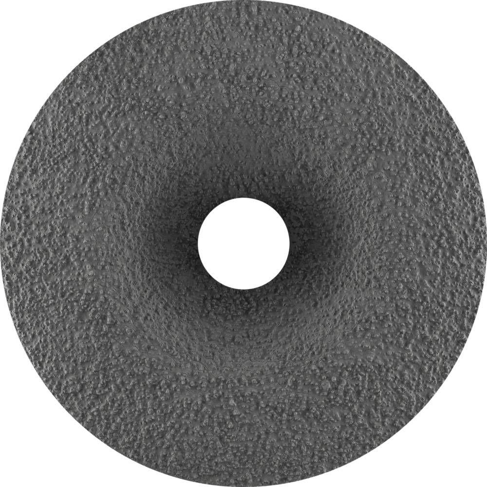 Grinding wheel with a rough, circular surface and a hole in the centre, primarily in black colour. Suitable for metalworking.