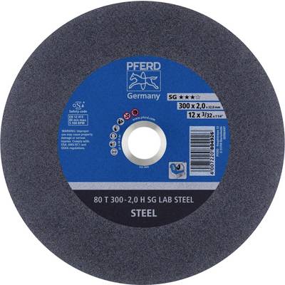Blue-labelled grinding disc, inscription: 'Pferd Germany, 300 x 2.0, Steel.' Central hole; safety and warning notices visible.