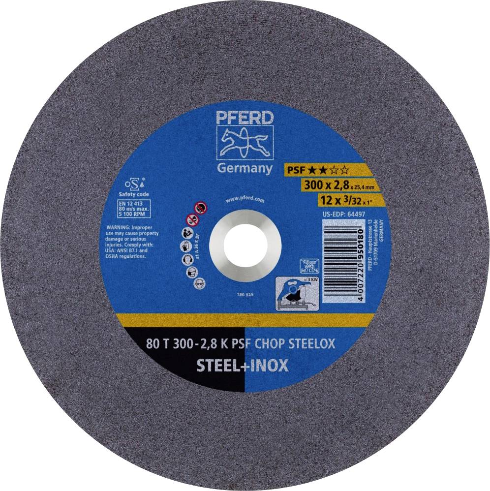 Grinding disc with blue label, product information and safety codes: 'PFERD PSF' for steel and stainless steel, diameter 300 mm.