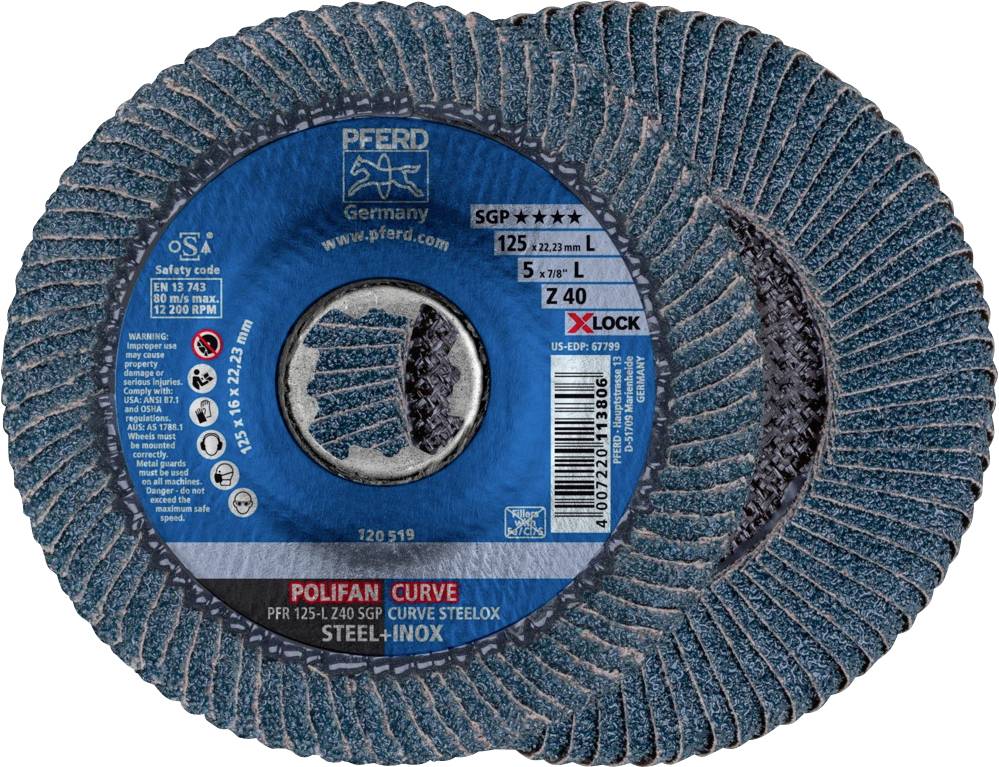 'Grinding disc by Pferd, Polifan Curve type. Suitable for steel and stainless steel. Diameter 125 mm, Z 40 grit, SGP quality.'
