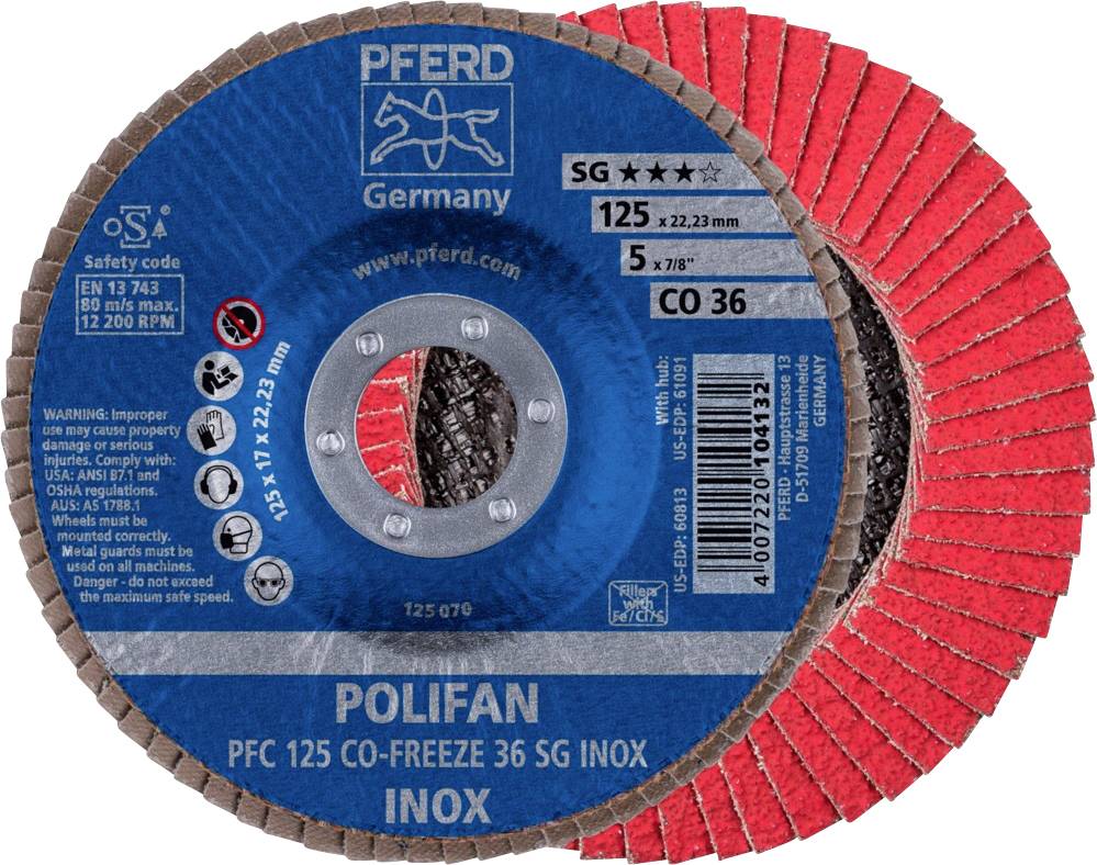 PFERD TOOLS 67712536 PFC 125 CO-FREEZE 36 SG INOX Flap disc Diameter 125 mm Bore diameter 22.23 mm Nickel base alloy, Ni-0