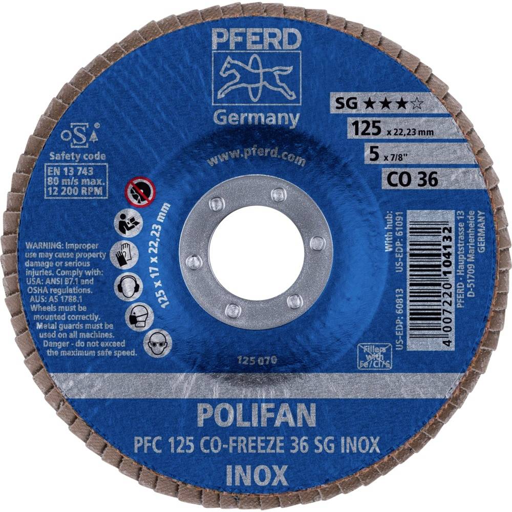 PFERD TOOLS 67712536 PFC 125 CO-FREEZE 36 SG INOX Flap disc Diameter 125 mm Bore diameter 22.23 mm Nickel base alloy, Ni-1