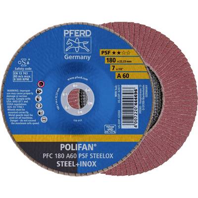 Grinding Disc 'PFERD Polifan PSF', Diameter 180 mm, A60 Grit, Suitable for Steel and Stainless Steel, with Safety and Application Instructions.