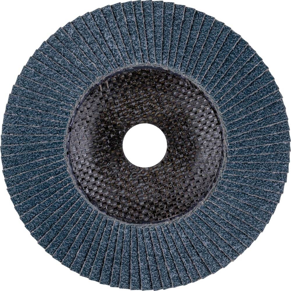 A round grinding disc made of blue abrasive fabric with a black central section and a central aperture.