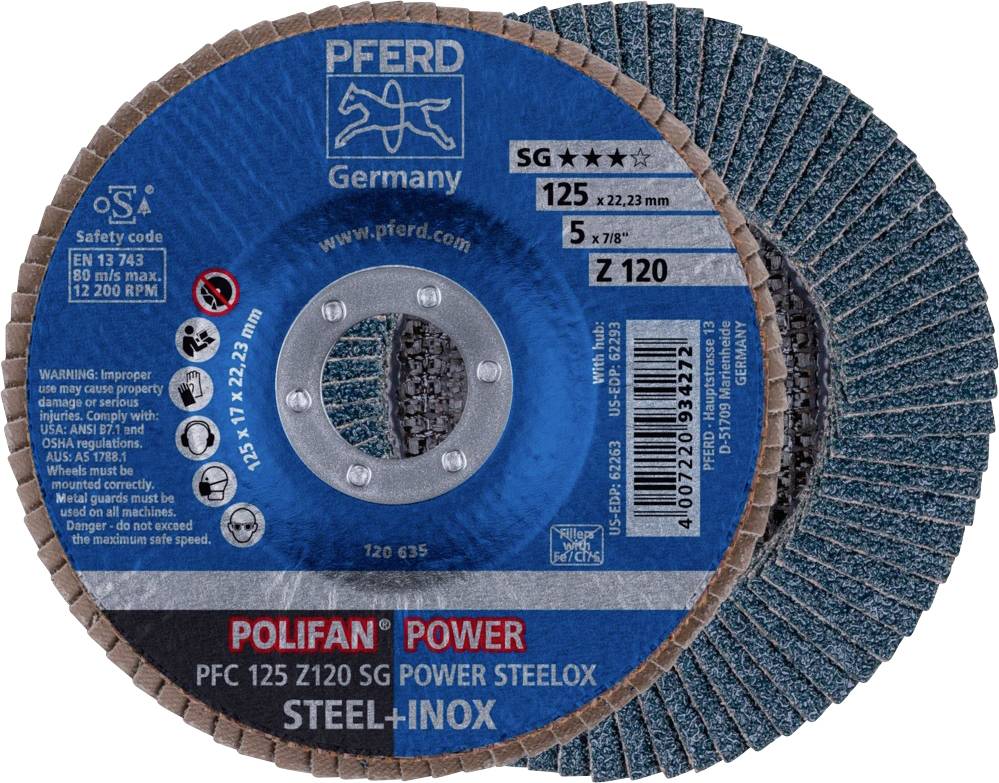Grinding disc by 'PFERD Germany', Model 'POLIFAN Power SG', for steel and stainless steel, diameter 125 mm, max. 12,200 RPM.