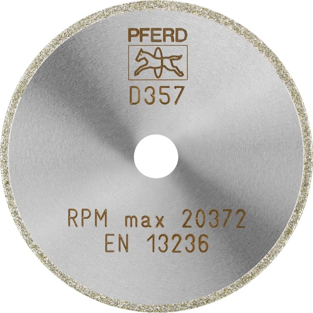 A silver grinding disc with the inscription 'PFERD D357 RPM max 20372 EN 13236'.