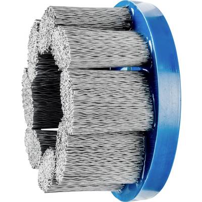 A rotating wire brush with metal bristles, used for cleaning or polishing surfaces.