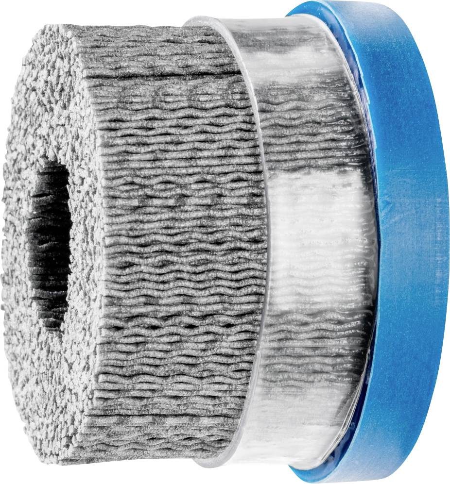 Roll of grey, wavy material, wrapped in plastic film, with a blue ribbon on the side.