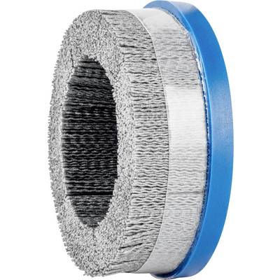 Round brush with blue plastic rim and grey bristles, used for grinding and polishing surfaces.